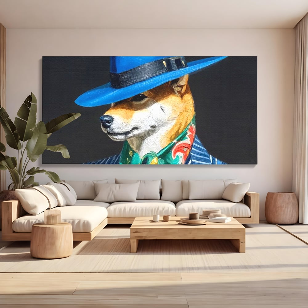Leinwand Wandbild Premium, LuxCanva® M1282, Freund unter der Decke, Hund, Anzug, Retro, Elegant, Hüte, Schal, Mode, Stil, Malerei, Streifen, Büro, Wohnen, Kinderzimmer