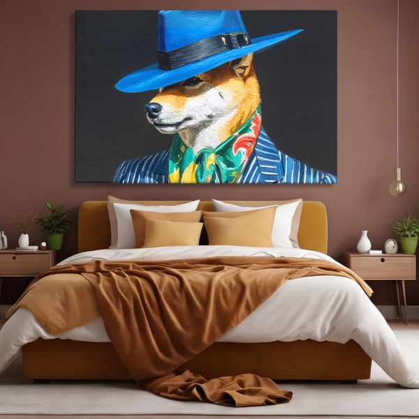 Leinwand Wandbild Premium, LuxCanva® M1282, Freund unter der Decke, Hund, Anzug, Retro, Elegant, Hüte, Schal, Mode, Stil, Malerei, Streifen, Büro, Wohnen, Kinderzimmer