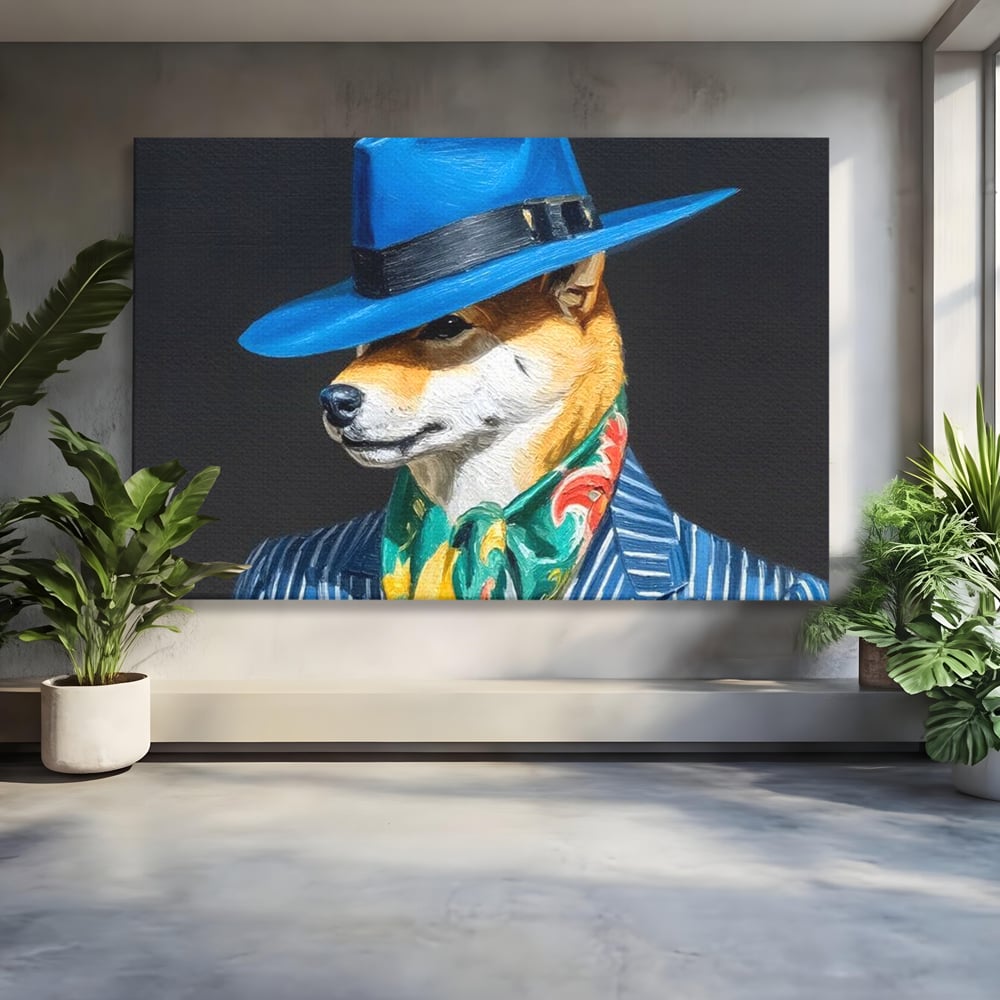 Leinwand Wandbild Premium, LuxCanva® M1282, Freund unter der Decke, Hund, Anzug, Retro, Elegant, Hüte, Schal, Mode, Stil, Malerei, Streifen, Büro, Wohnen, Kinderzimmer