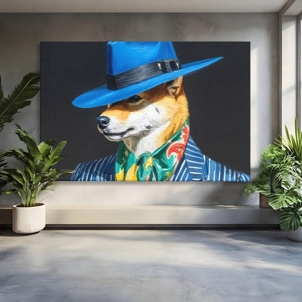 Leinwand Wandbild Premium, LuxCanva® M1282, Freund unter der Decke, Hund, Anzug, Retro, Elegant, Hüte, Schal, Mode, Stil, Malerei, Streifen, Büro, Wohnen, Kinderzimmer