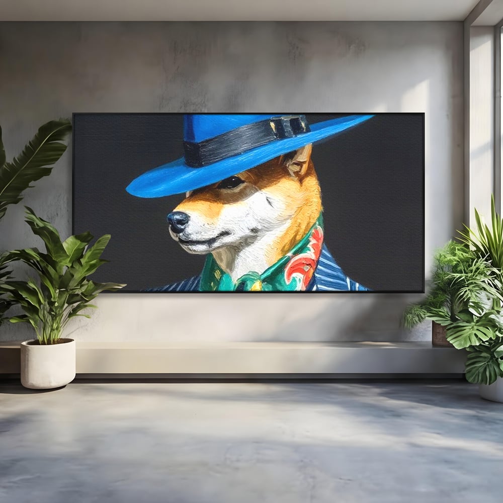 Leinwand Wandbild Premium, LuxCanva® M1282, Freund unter der Decke, Hund, Anzug, Retro, Elegant, Hüte, Schal, Mode, Stil, Malerei, Streifen, Büro, Wohnen, Kinderzimmer