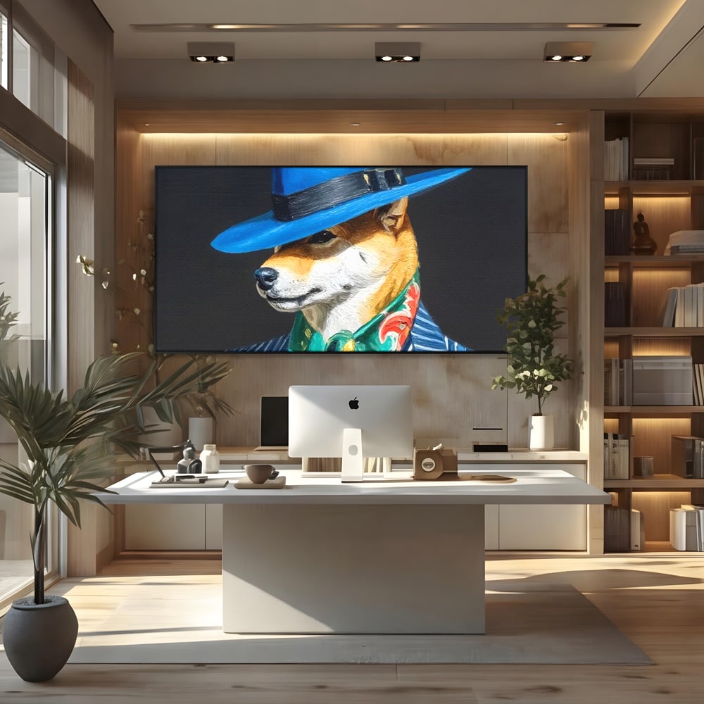 Leinwand Wandbild Premium, LuxCanva® M1282, Freund unter der Decke, Hund, Anzug, Retro, Elegant, Hüte, Schal, Mode, Stil, Malerei, Streifen, Büro, Wohnen, Kinderzimmer