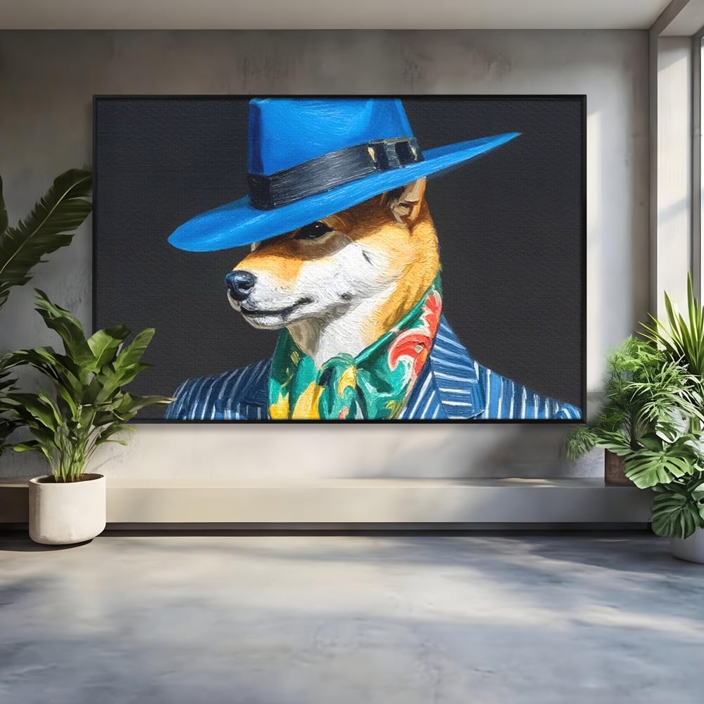 Leinwand Wandbild Premium, LuxCanva® M1282, Freund unter der Decke, Hund, Anzug, Retro, Elegant, Hüte, Schal, Mode, Stil, Malerei, Streifen, Büro, Wohnen, Kinderzimmer