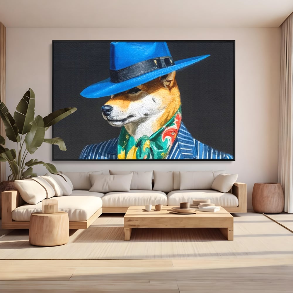 Leinwand Wandbild Premium, LuxCanva® M1282, Freund unter der Decke, Hund, Anzug, Retro, Elegant, Hüte, Schal, Mode, Stil, Malerei, Streifen, Büro, Wohnen, Kinderzimmer