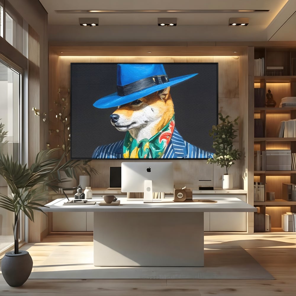 Leinwand Wandbild Premium, LuxCanva® M1282, Freund unter der Decke, Hund, Anzug, Retro, Elegant, Hüte, Schal, Mode, Stil, Malerei, Streifen, Büro, Wohnen, Kinderzimmer
