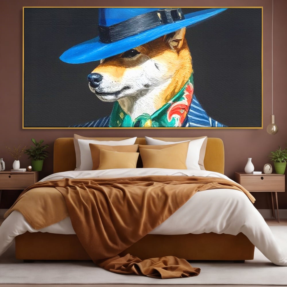 Leinwand Wandbild Premium, LuxCanva® M1282, Freund unter der Decke, Hund, Anzug, Retro, Elegant, Hüte, Schal, Mode, Stil, Malerei, Streifen, Büro, Wohnen, Kinderzimmer