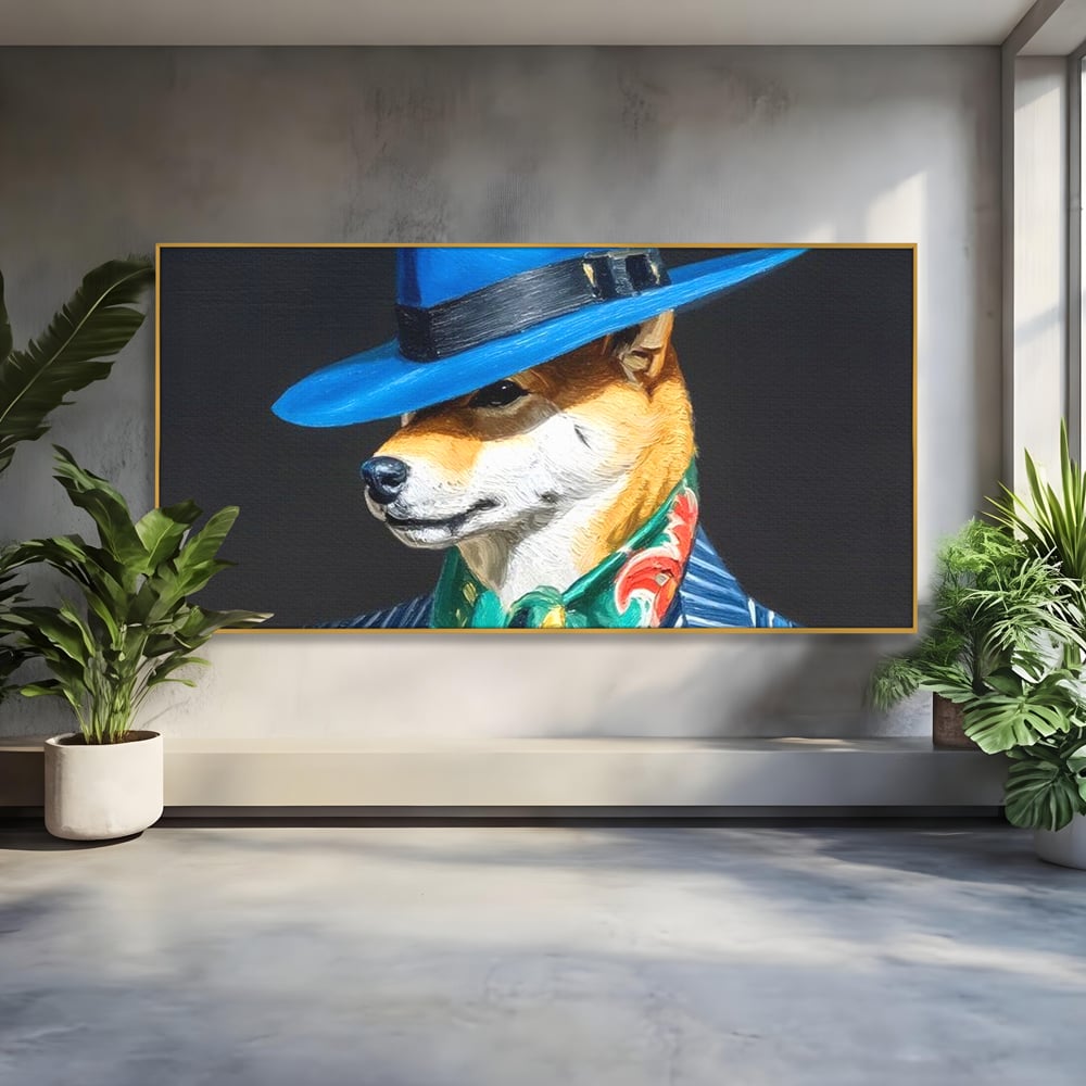 Leinwand Wandbild Premium, LuxCanva® M1282, Freund unter der Decke, Hund, Anzug, Retro, Elegant, Hüte, Schal, Mode, Stil, Malerei, Streifen, Büro, Wohnen, Kinderzimmer