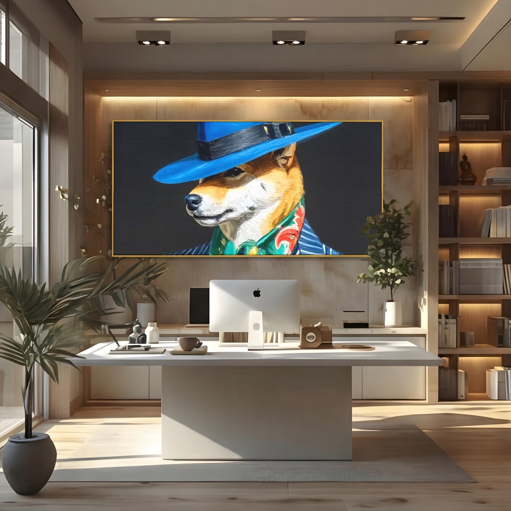 Leinwand Wandbild Premium, LuxCanva® M1282, Freund unter der Decke, Hund, Anzug, Retro, Elegant, Hüte, Schal, Mode, Stil, Malerei, Streifen, Büro, Wohnen, Kinderzimmer