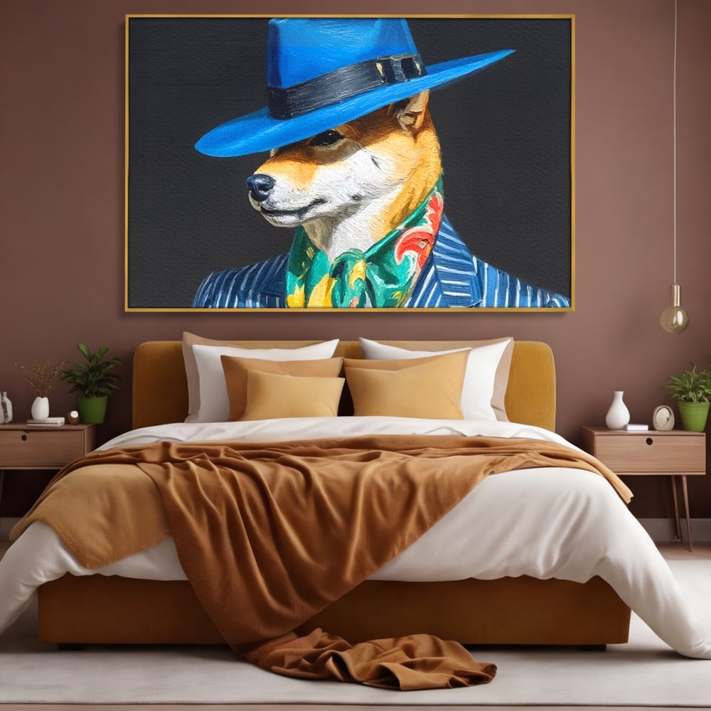 Leinwand Wandbild Premium, LuxCanva® M1282, Freund unter der Decke, Hund, Anzug, Retro, Elegant, Hüte, Schal, Mode, Stil, Malerei, Streifen, Büro, Wohnen, Kinderzimmer