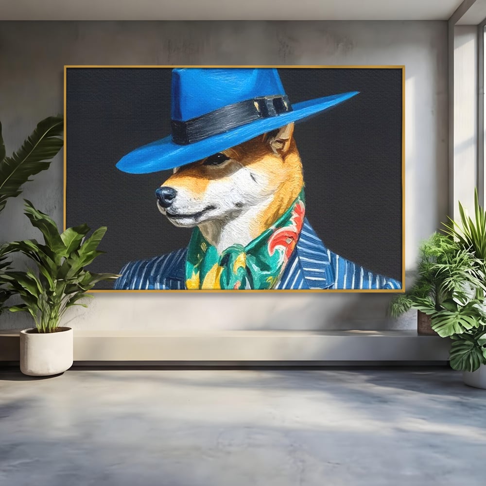 Leinwand Wandbild Premium, LuxCanva® M1282, Freund unter der Decke, Hund, Anzug, Retro, Elegant, Hüte, Schal, Mode, Stil, Malerei, Streifen, Büro, Wohnen, Kinderzimmer
