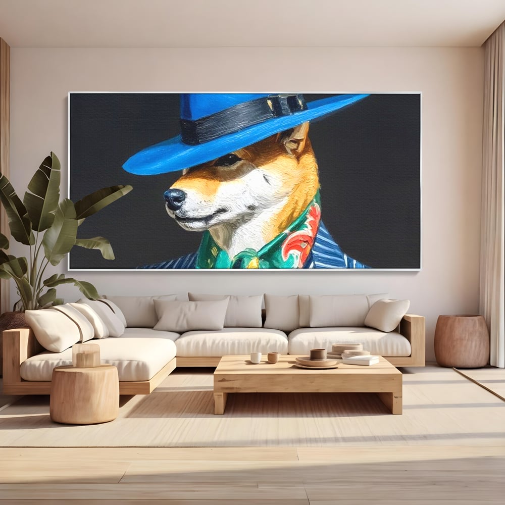 Leinwand Wandbild Premium, LuxCanva® M1282, Freund unter der Decke, Hund, Anzug, Retro, Elegant, Hüte, Schal, Mode, Stil, Malerei, Streifen, Büro, Wohnen, Kinderzimmer