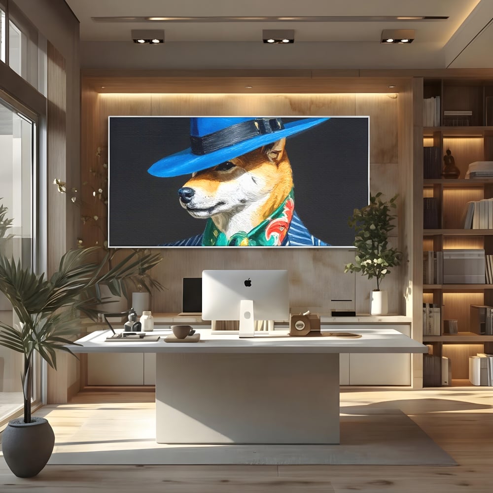 Leinwand Wandbild Premium, LuxCanva® M1282, Freund unter der Decke, Hund, Anzug, Retro, Elegant, Hüte, Schal, Mode, Stil, Malerei, Streifen, Büro, Wohnen, Kinderzimmer