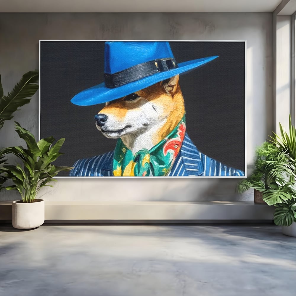Leinwand Wandbild Premium, LuxCanva® M1282, Freund unter der Decke, Hund, Anzug, Retro, Elegant, Hüte, Schal, Mode, Stil, Malerei, Streifen, Büro, Wohnen, Kinderzimmer