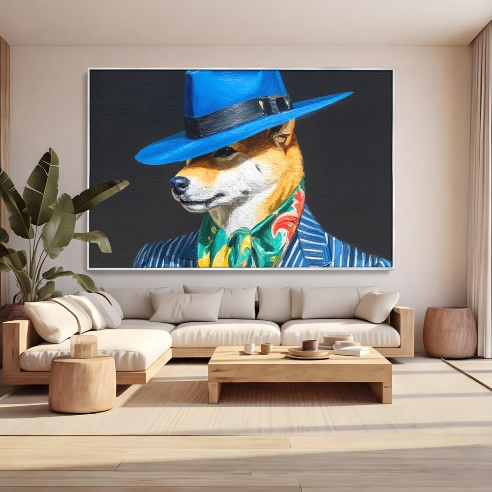 Leinwand Wandbild Premium, LuxCanva® M1282, Freund unter der Decke, Hund, Anzug, Retro, Elegant, Hüte, Schal, Mode, Stil, Malerei, Streifen, Büro, Wohnen, Kinderzimmer