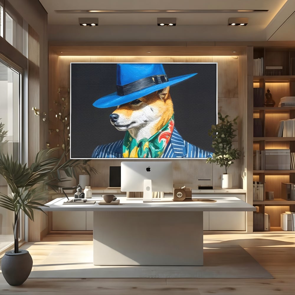 Leinwand Wandbild Premium, LuxCanva® M1282, Freund unter der Decke, Hund, Anzug, Retro, Elegant, Hüte, Schal, Mode, Stil, Malerei, Streifen, Büro, Wohnen, Kinderzimmer
