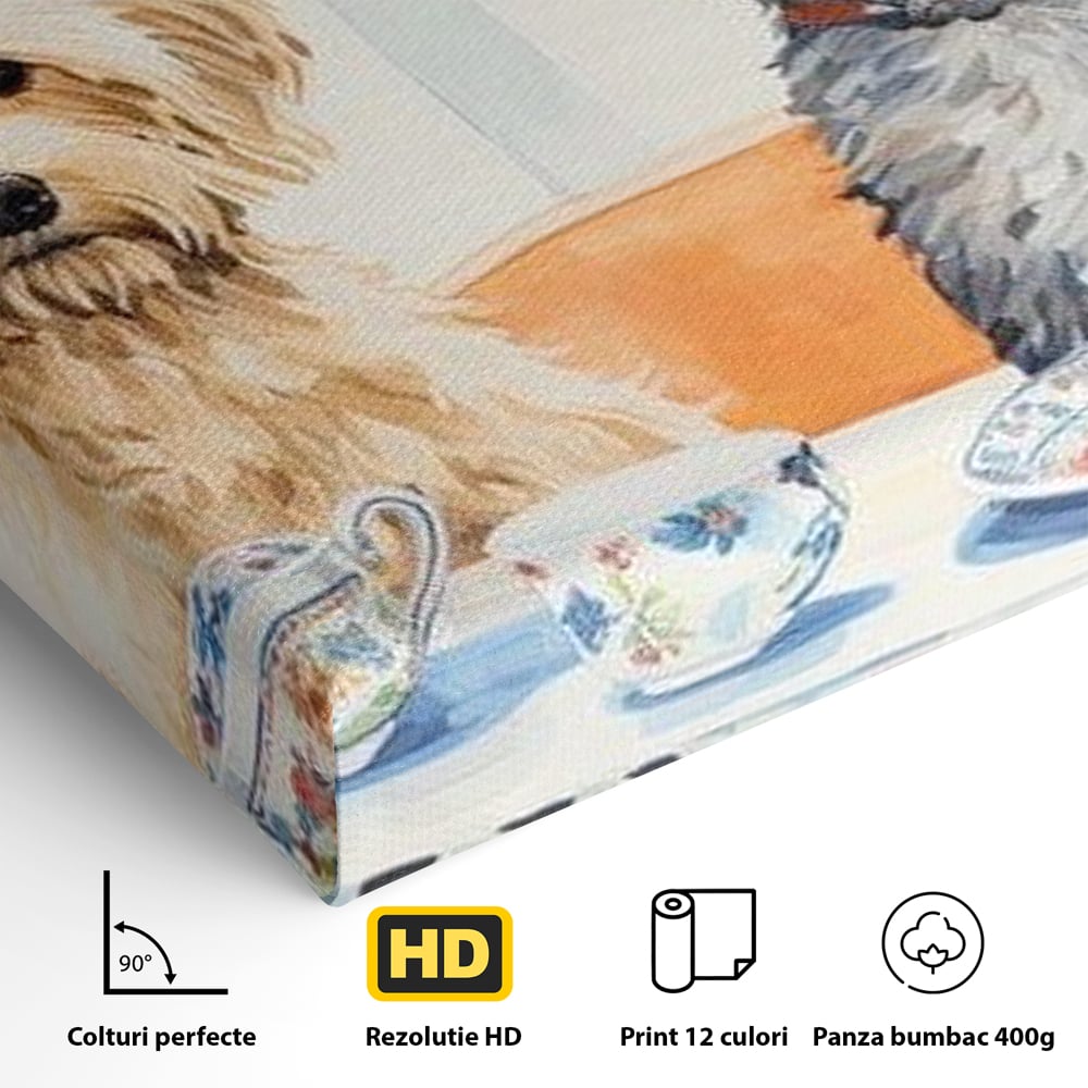 Leinwandbilder Premium, LuxCanva® M1283, Teepause, Geschirr, Geschirr, Porzellan, Hund, weiß, Blumen, Tasse, Tee, Tisch, Tee, Tee, Freundschaft, Date, lustig, Büro, Wohnen, Kinderzimmer