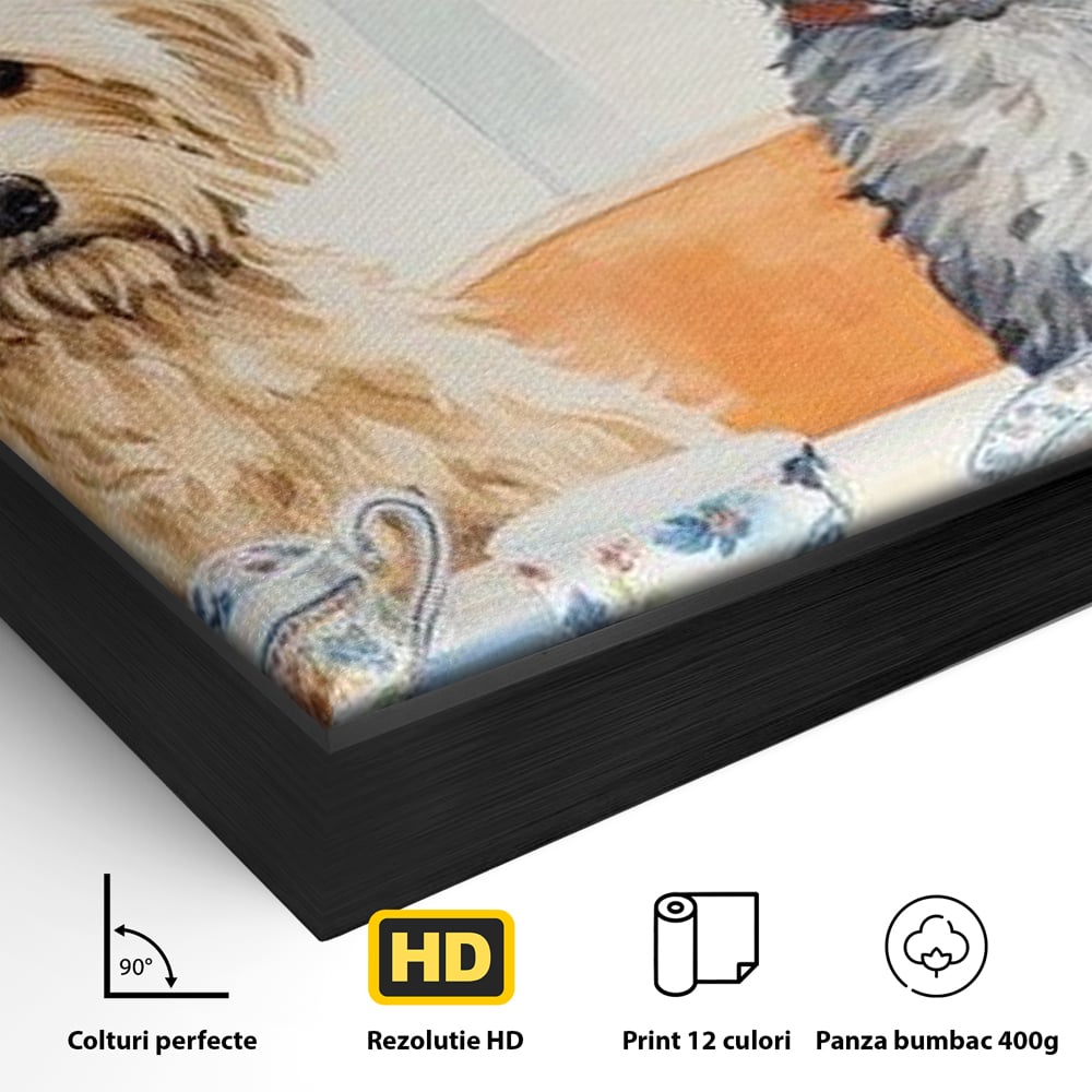 Leinwandbilder Premium, LuxCanva® M1283, Teepause, Geschirr, Geschirr, Porzellan, Hund, weiß, Blumen, Tasse, Tee, Tisch, Tee, Tee, Freundschaft, Date, lustig, Büro, Wohnen, Kinderzimmer