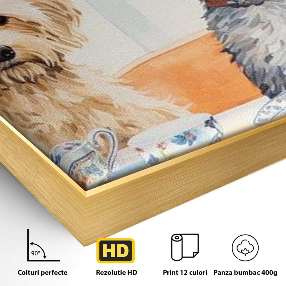 Leinwandbilder Premium, LuxCanva® M1283, Teepause, Geschirr, Geschirr, Porzellan, Hund, weiß, Blumen, Tasse, Tee, Tisch, Tee, Tee, Freundschaft, Date, lustig, Büro, Wohnen, Kinderzimmer