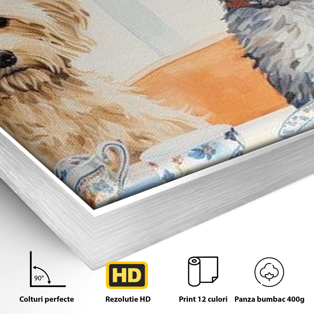 Leinwandbilder Premium, LuxCanva® M1283, Teepause, Geschirr, Geschirr, Porzellan, Hund, weiß, Blumen, Tasse, Tee, Tisch, Tee, Tee, Freundschaft, Date, lustig, Büro, Wohnen, Kinderzimmer