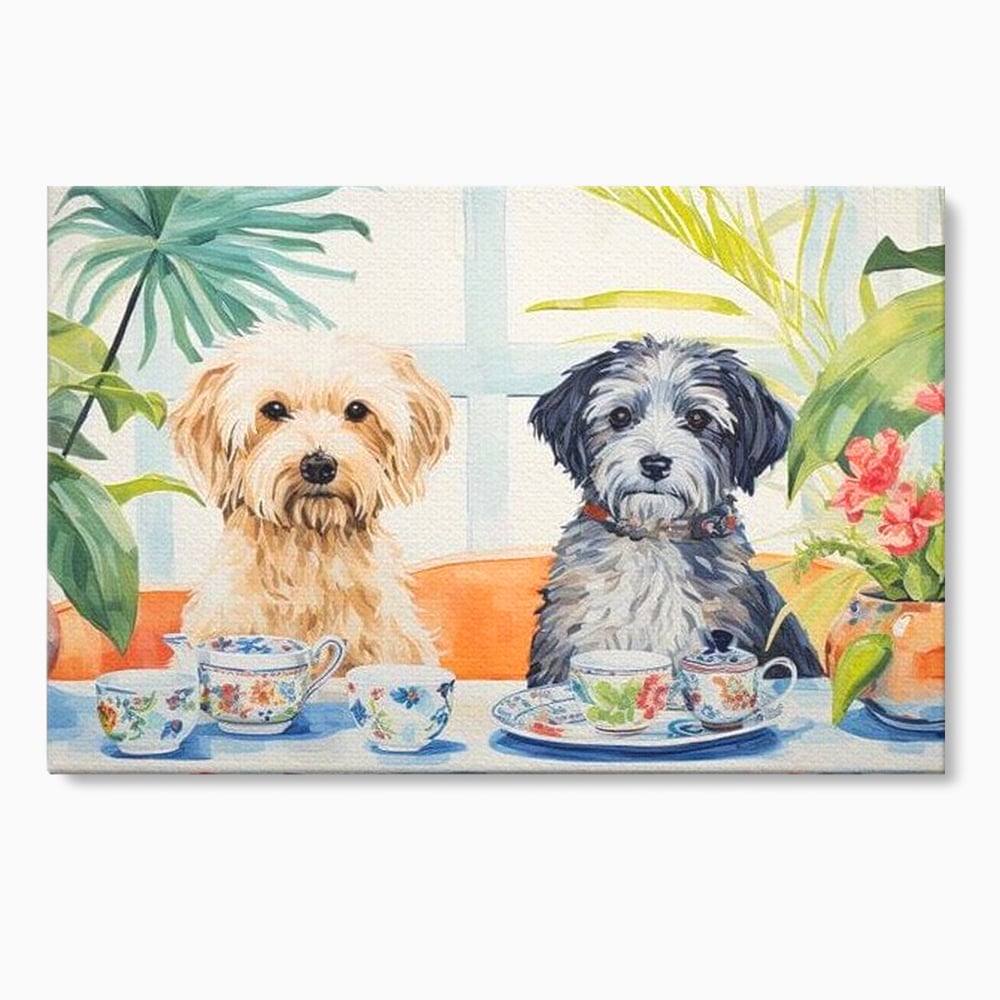 Leinwandbilder Premium, LuxCanva® M1283, Teepause, Geschirr, Geschirr, Porzellan, Hund, weiß, Blumen, Tasse, Tee, Tisch, Tee, Tee, Freundschaft, Date, lustig, Büro, Wohnen, Kinderzimmer