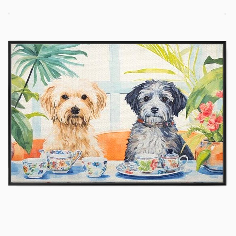 Leinwandbilder Premium, LuxCanva® M1283, Teepause, Geschirr, Geschirr, Porzellan, Hund, weiß, Blumen, Tasse, Tee, Tisch, Tee, Tee, Freundschaft, Date, lustig, Büro, Wohnen, Kinderzimmer