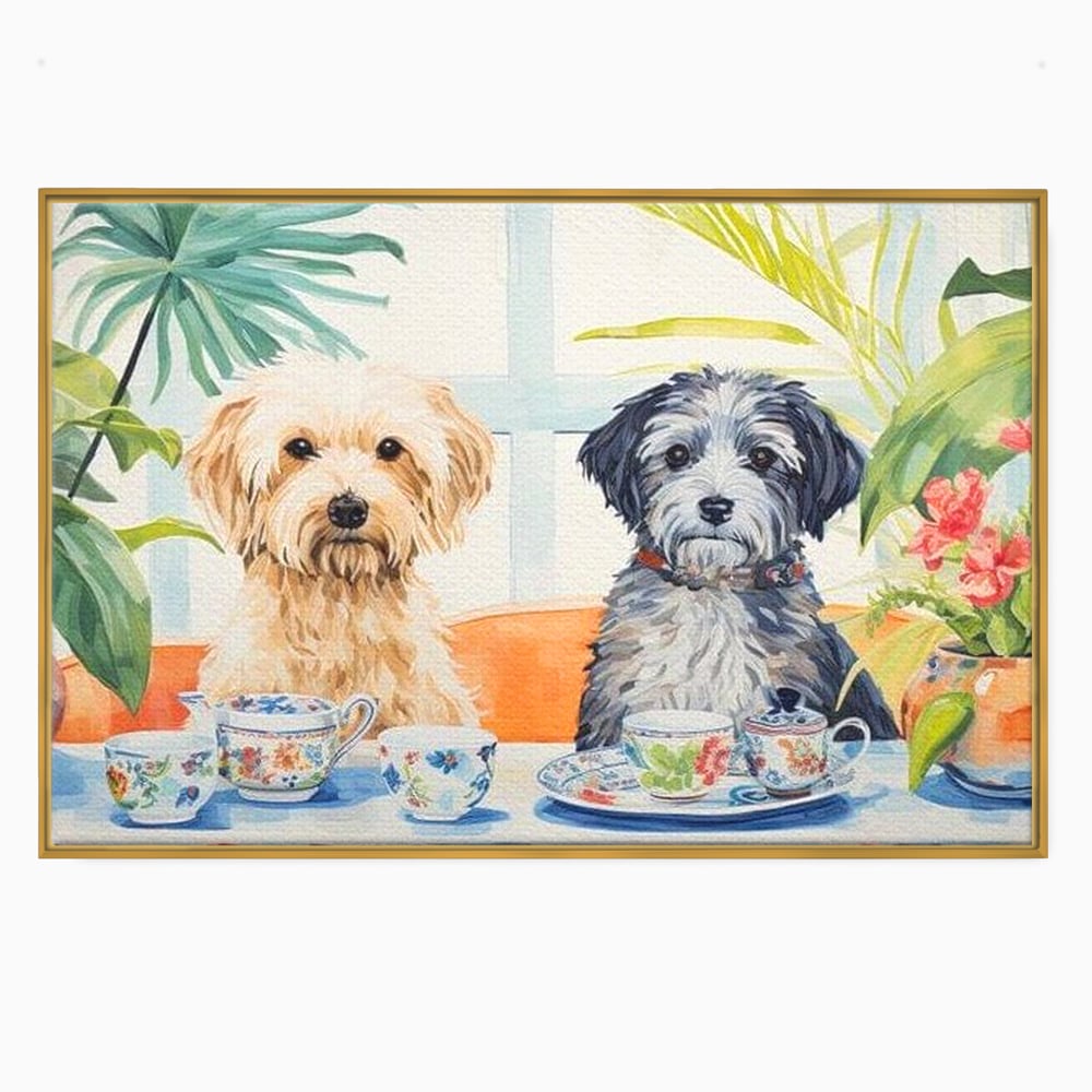 Leinwandbilder Premium, LuxCanva® M1283, Teepause, Geschirr, Geschirr, Porzellan, Hund, weiß, Blumen, Tasse, Tee, Tisch, Tee, Tee, Freundschaft, Date, lustig, Büro, Wohnen, Kinderzimmer