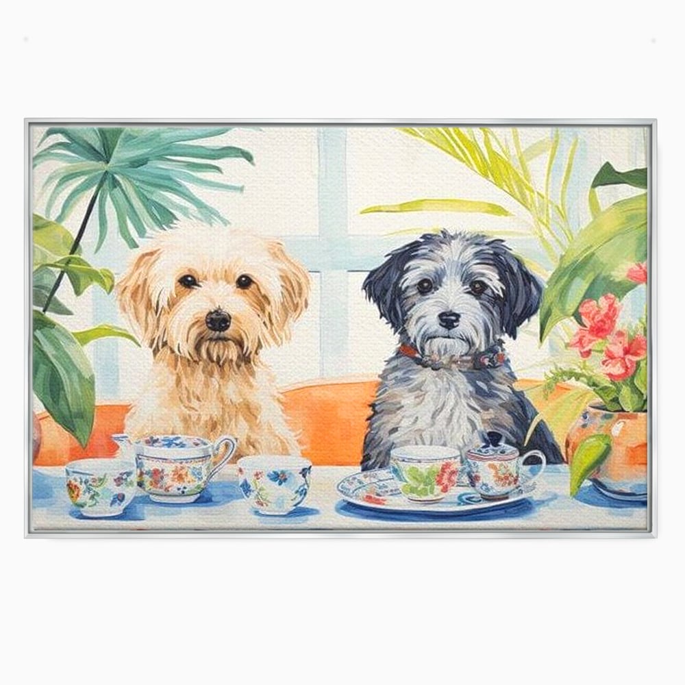 Leinwandbilder Premium, LuxCanva® M1283, Teepause, Geschirr, Geschirr, Porzellan, Hund, weiß, Blumen, Tasse, Tee, Tisch, Tee, Tee, Freundschaft, Date, lustig, Büro, Wohnen, Kinderzimmer