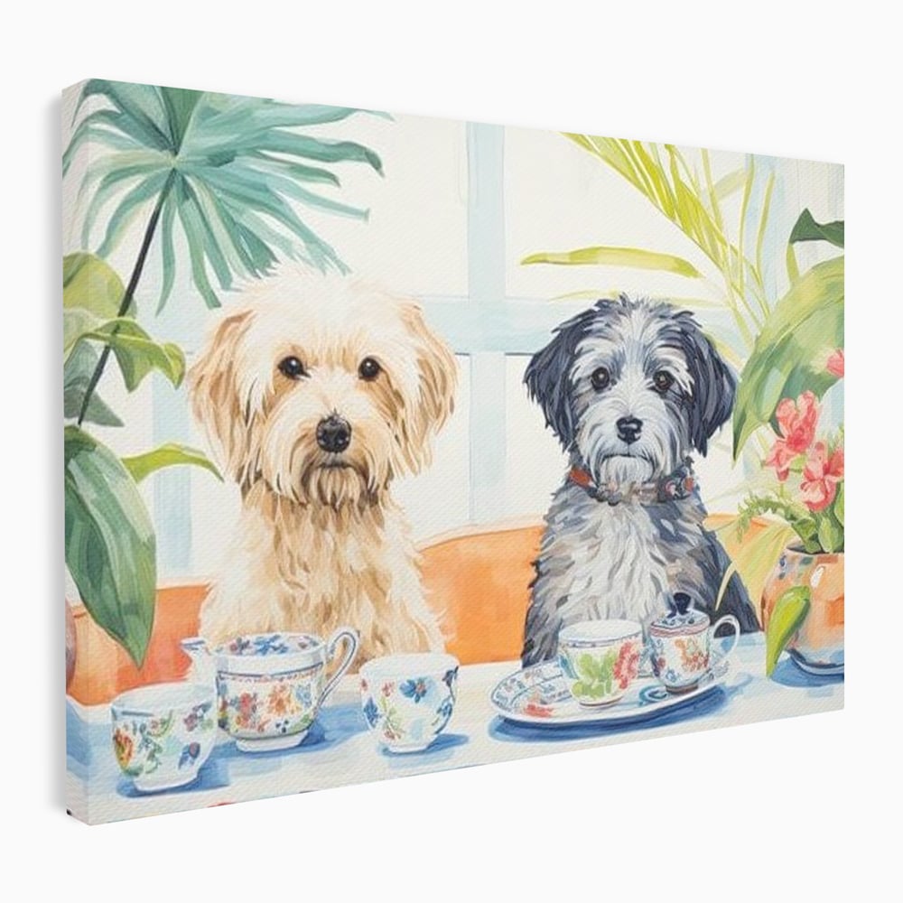Leinwandbilder Premium, LuxCanva® M1283, Teepause, Geschirr, Geschirr, Porzellan, Hund, weiß, Blumen, Tasse, Tee, Tisch, Tee, Tee, Freundschaft, Date, lustig, Büro, Wohnen, Kinderzimmer