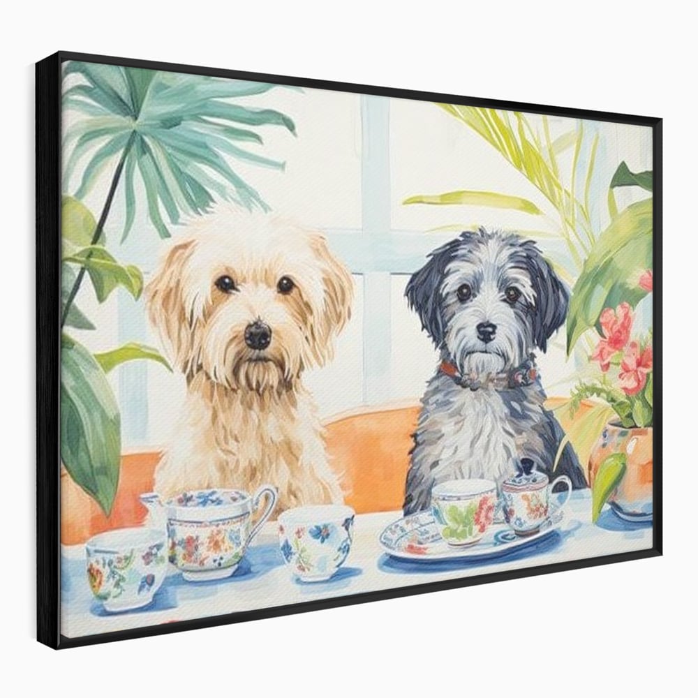 Leinwandbilder Premium, LuxCanva® M1283, Teepause, Geschirr, Geschirr, Porzellan, Hund, weiß, Blumen, Tasse, Tee, Tisch, Tee, Tee, Freundschaft, Date, lustig, Büro, Wohnen, Kinderzimmer