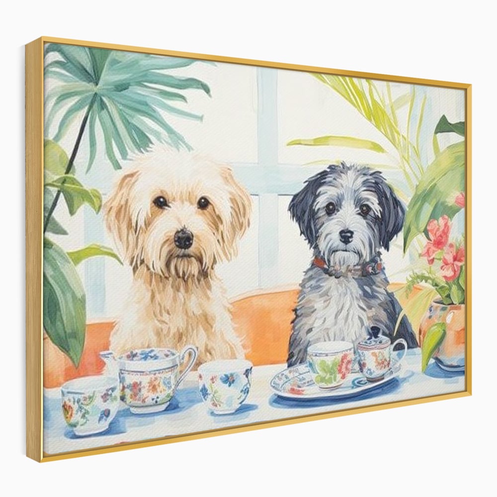 Leinwandbilder Premium, LuxCanva® M1283, Teepause, Geschirr, Geschirr, Porzellan, Hund, weiß, Blumen, Tasse, Tee, Tisch, Tee, Tee, Freundschaft, Date, lustig, Büro, Wohnen, Kinderzimmer