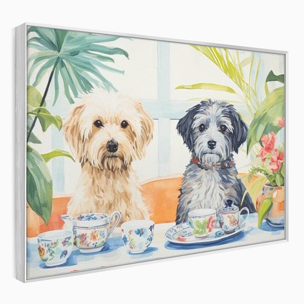 Leinwandbilder Premium, LuxCanva® M1283, Teepause, Geschirr, Geschirr, Porzellan, Hund, weiß, Blumen, Tasse, Tee, Tisch, Tee, Tee, Freundschaft, Date, lustig, Büro, Wohnen, Kinderzimmer