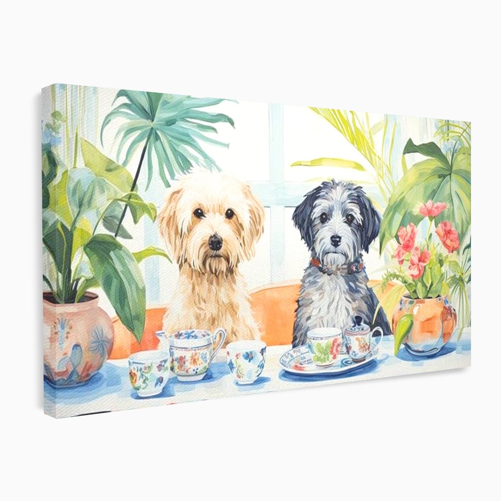Leinwandbilder Premium, LuxCanva® M1283, Teepause, Geschirr, Geschirr, Porzellan, Hund, weiß, Blumen, Tasse, Tee, Tisch, Tee, Tee, Freundschaft, Date, lustig, Büro, Wohnen, Kinderzimmer