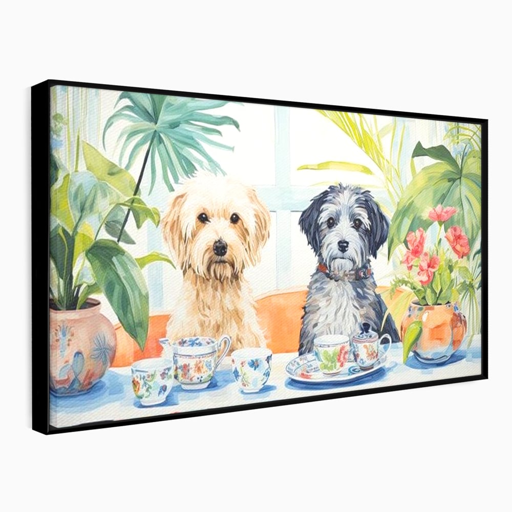 Leinwandbilder Premium, LuxCanva® M1283, Teepause, Geschirr, Geschirr, Porzellan, Hund, weiß, Blumen, Tasse, Tee, Tisch, Tee, Tee, Freundschaft, Date, lustig, Büro, Wohnen, Kinderzimmer