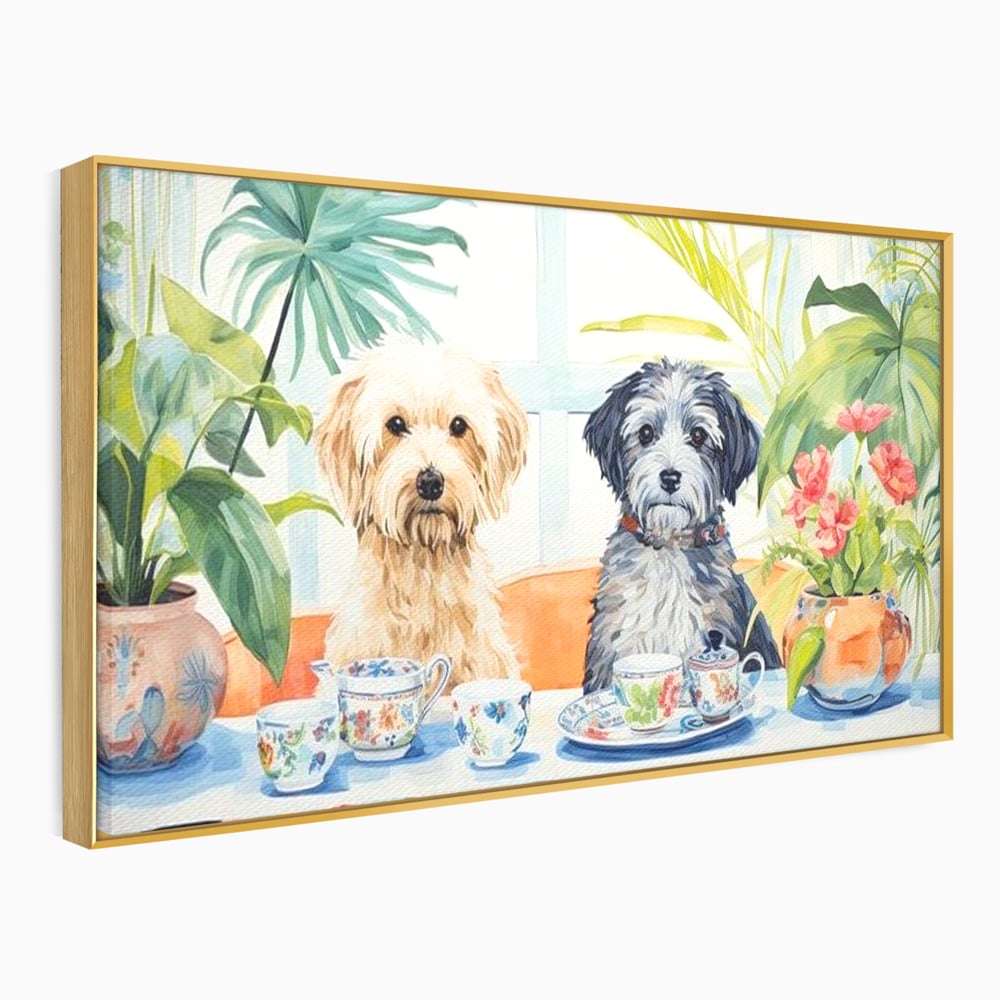 Leinwandbilder Premium, LuxCanva® M1283, Teepause, Geschirr, Geschirr, Porzellan, Hund, weiß, Blumen, Tasse, Tee, Tisch, Tee, Tee, Freundschaft, Date, lustig, Büro, Wohnen, Kinderzimmer