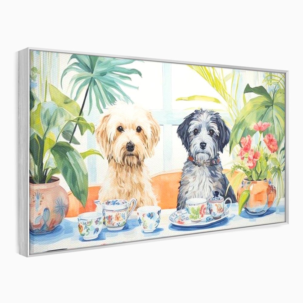 Leinwandbilder Premium, LuxCanva® M1283, Teepause, Geschirr, Geschirr, Porzellan, Hund, weiß, Blumen, Tasse, Tee, Tisch, Tee, Tee, Freundschaft, Date, lustig, Büro, Wohnen, Kinderzimmer
