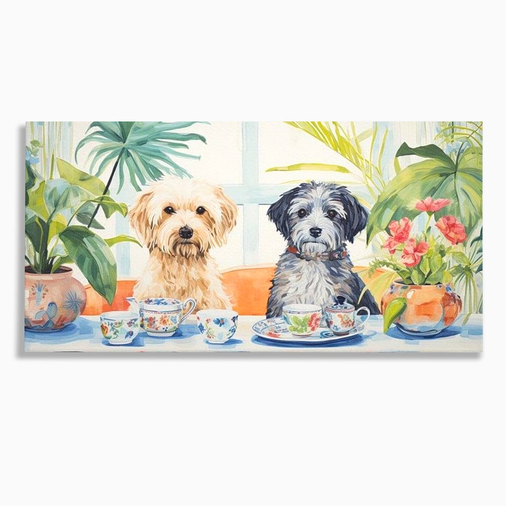 Leinwandbilder Premium, LuxCanva® M1283, Teepause, Geschirr, Geschirr, Porzellan, Hund, weiß, Blumen, Tasse, Tee, Tisch, Tee, Tee, Freundschaft, Date, lustig, Büro, Wohnen, Kinderzimmer