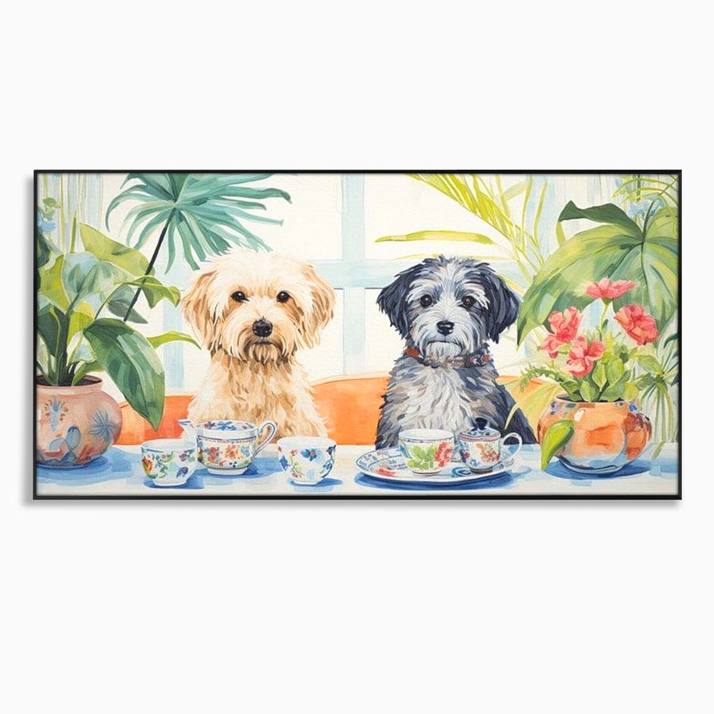 Leinwandbilder Premium, LuxCanva® M1283, Teepause, Geschirr, Geschirr, Porzellan, Hund, weiß, Blumen, Tasse, Tee, Tisch, Tee, Tee, Freundschaft, Date, lustig, Büro, Wohnen, Kinderzimmer