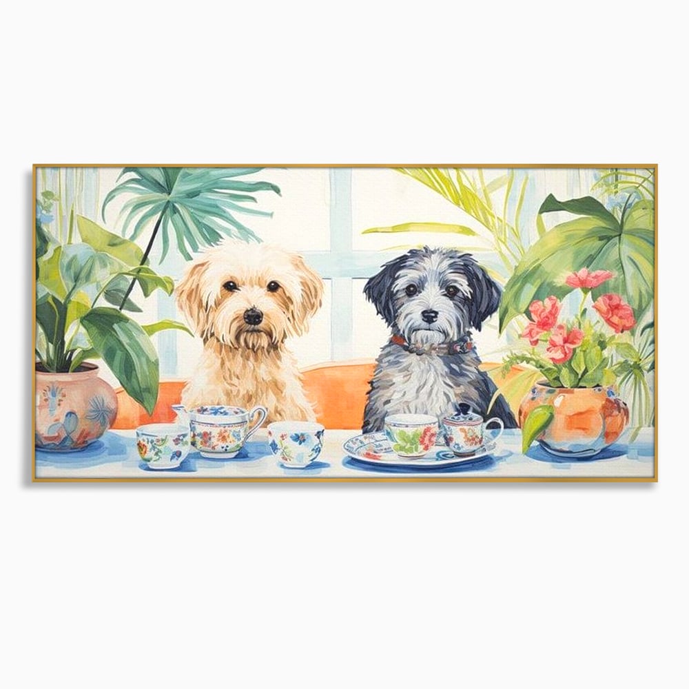 Leinwandbilder Premium, LuxCanva® M1283, Teepause, Geschirr, Geschirr, Porzellan, Hund, weiß, Blumen, Tasse, Tee, Tisch, Tee, Tee, Freundschaft, Date, lustig, Büro, Wohnen, Kinderzimmer