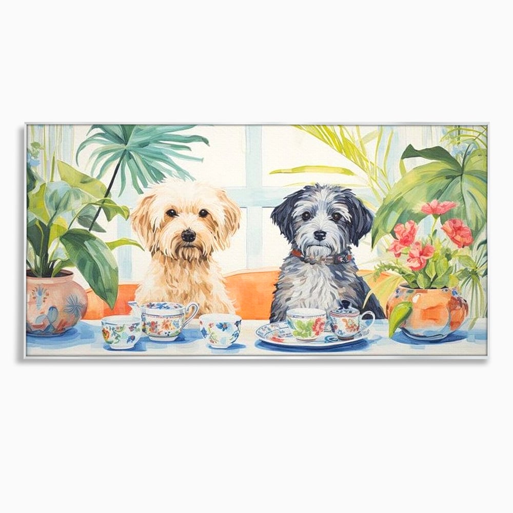 Leinwandbilder Premium, LuxCanva® M1283, Teepause, Geschirr, Geschirr, Porzellan, Hund, weiß, Blumen, Tasse, Tee, Tisch, Tee, Tee, Freundschaft, Date, lustig, Büro, Wohnen, Kinderzimmer