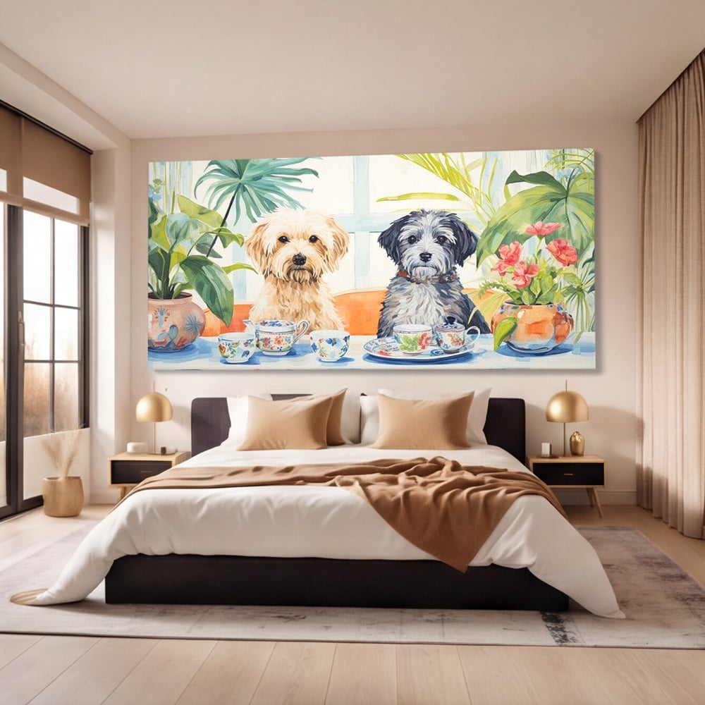 Leinwandbilder Premium, LuxCanva® M1283, Teepause, Geschirr, Geschirr, Porzellan, Hund, weiß, Blumen, Tasse, Tee, Tisch, Tee, Tee, Freundschaft, Date, lustig, Büro, Wohnen, Kinderzimmer