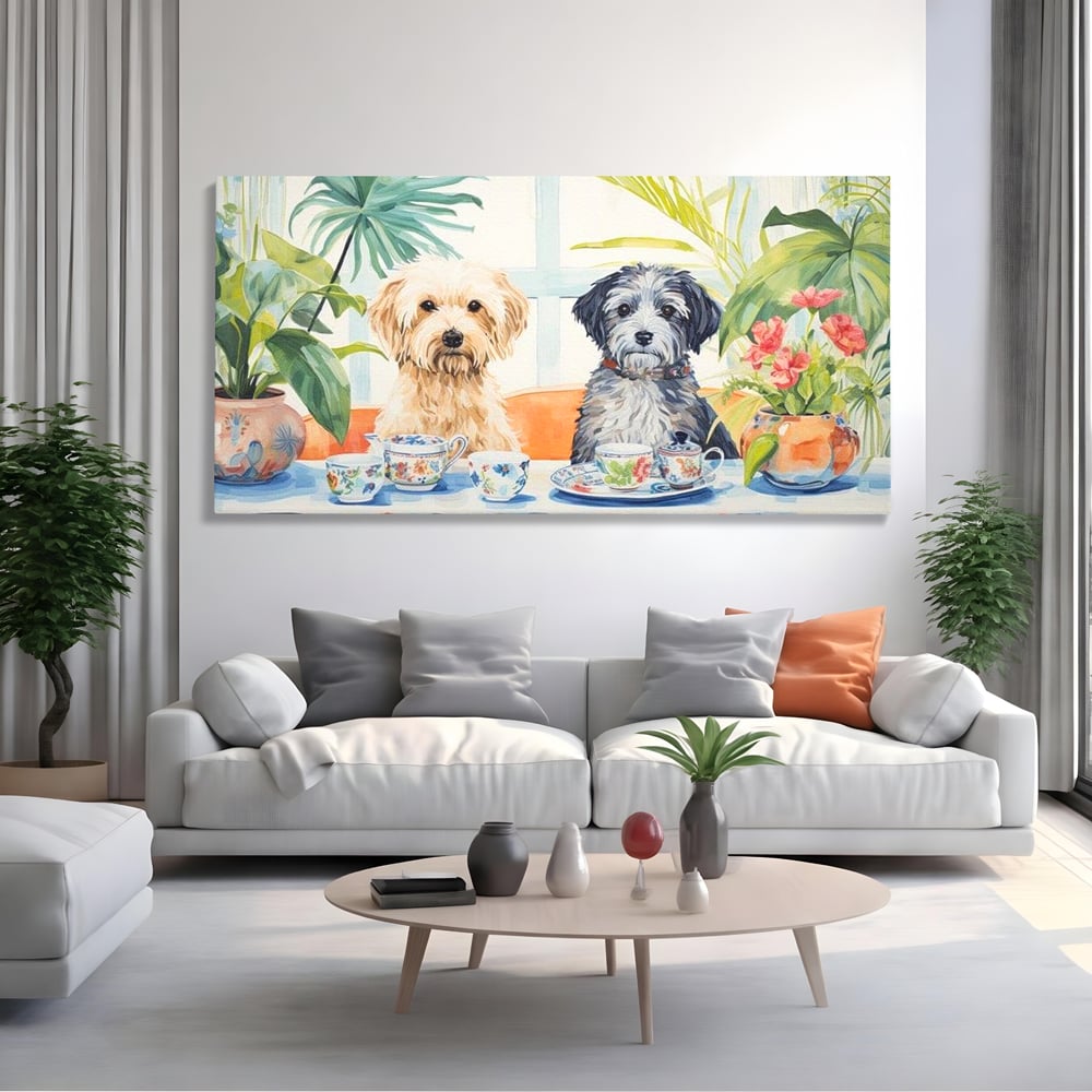 Leinwandbilder Premium, LuxCanva® M1283, Teepause, Geschirr, Geschirr, Porzellan, Hund, weiß, Blumen, Tasse, Tee, Tisch, Tee, Tee, Freundschaft, Date, lustig, Büro, Wohnen, Kinderzimmer