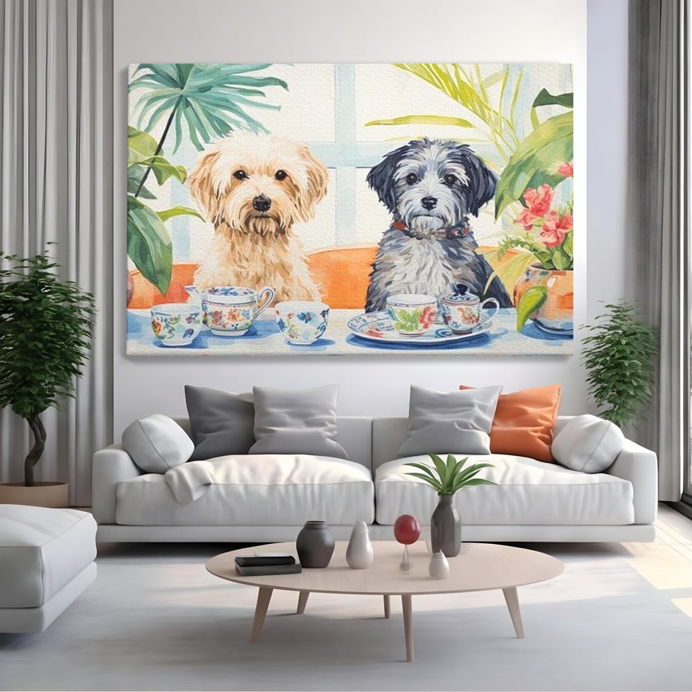 Leinwandbilder Premium, LuxCanva® M1283, Teepause, Geschirr, Geschirr, Porzellan, Hund, weiß, Blumen, Tasse, Tee, Tisch, Tee, Tee, Freundschaft, Date, lustig, Büro, Wohnen, Kinderzimmer
