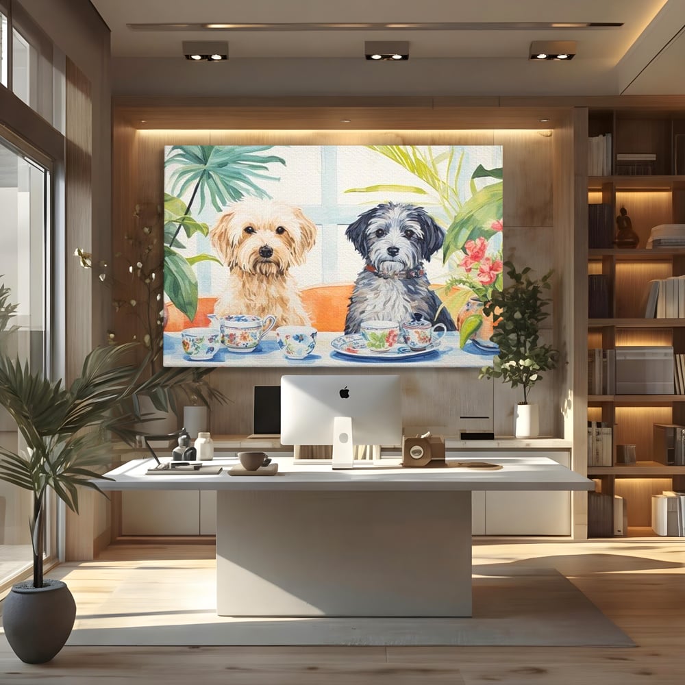 Leinwandbilder Premium, LuxCanva® M1283, Teepause, Geschirr, Geschirr, Porzellan, Hund, weiß, Blumen, Tasse, Tee, Tisch, Tee, Tee, Freundschaft, Date, lustig, Büro, Wohnen, Kinderzimmer