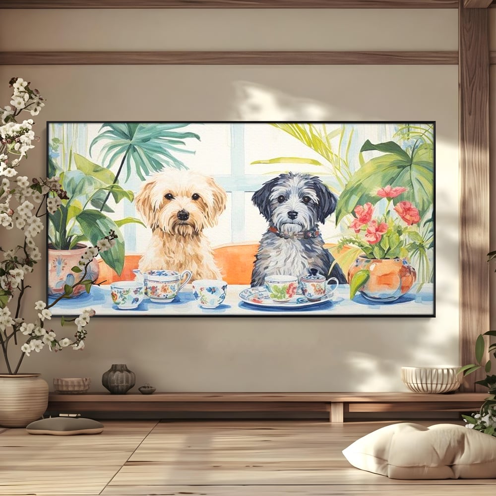 Leinwandbilder Premium, LuxCanva® M1283, Teepause, Geschirr, Geschirr, Porzellan, Hund, weiß, Blumen, Tasse, Tee, Tisch, Tee, Tee, Freundschaft, Date, lustig, Büro, Wohnen, Kinderzimmer