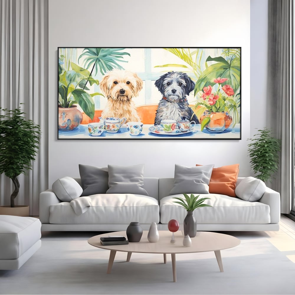 Leinwandbilder Premium, LuxCanva® M1283, Teepause, Geschirr, Geschirr, Porzellan, Hund, weiß, Blumen, Tasse, Tee, Tisch, Tee, Tee, Freundschaft, Date, lustig, Büro, Wohnen, Kinderzimmer