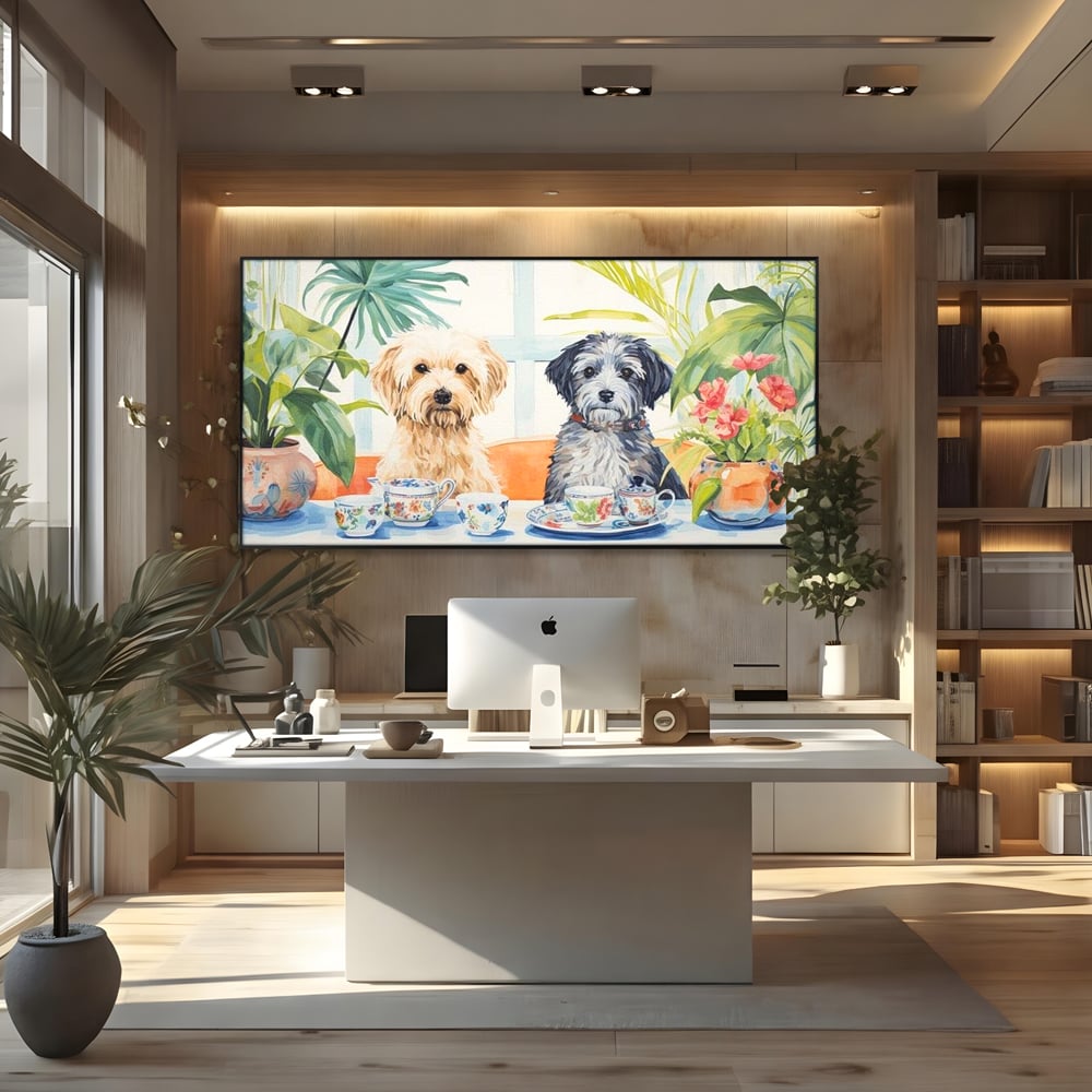 Leinwandbilder Premium, LuxCanva® M1283, Teepause, Geschirr, Geschirr, Porzellan, Hund, weiß, Blumen, Tasse, Tee, Tisch, Tee, Tee, Freundschaft, Date, lustig, Büro, Wohnen, Kinderzimmer
