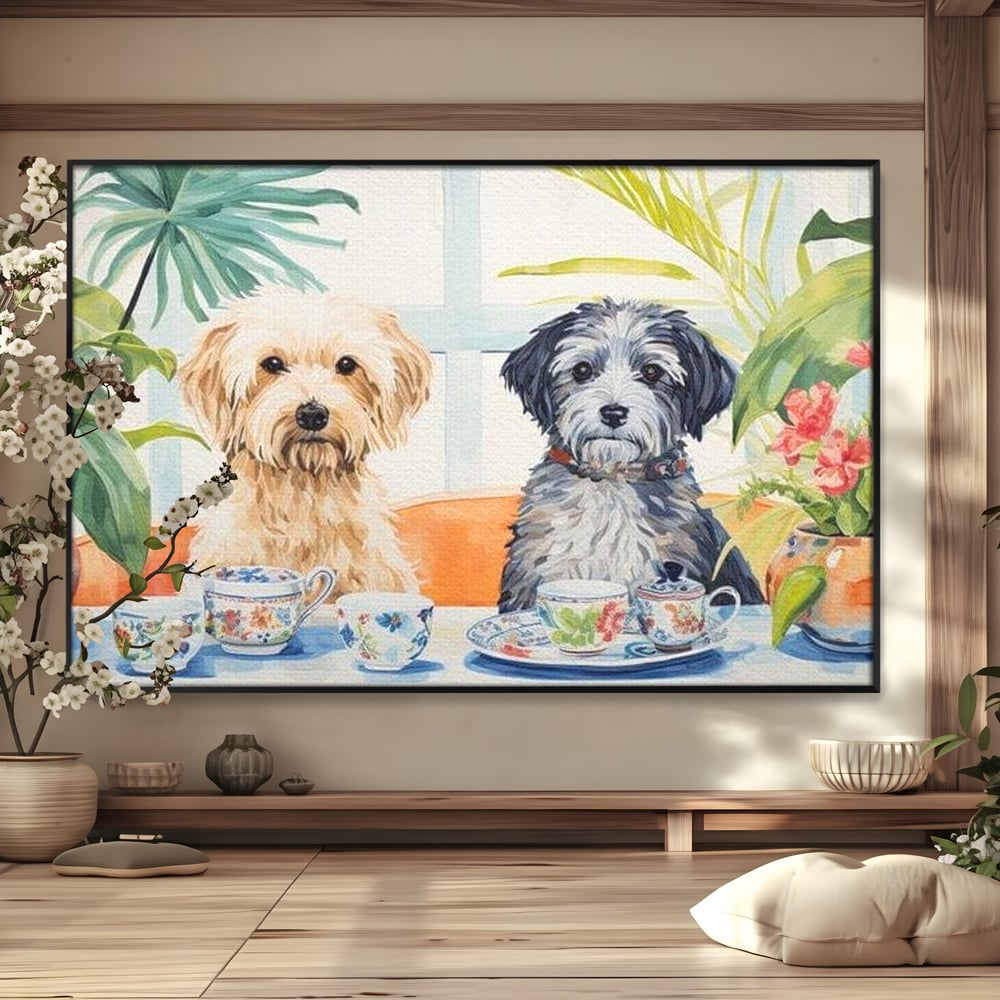 Leinwandbilder Premium, LuxCanva® M1283, Teepause, Geschirr, Geschirr, Porzellan, Hund, weiß, Blumen, Tasse, Tee, Tisch, Tee, Tee, Freundschaft, Date, lustig, Büro, Wohnen, Kinderzimmer