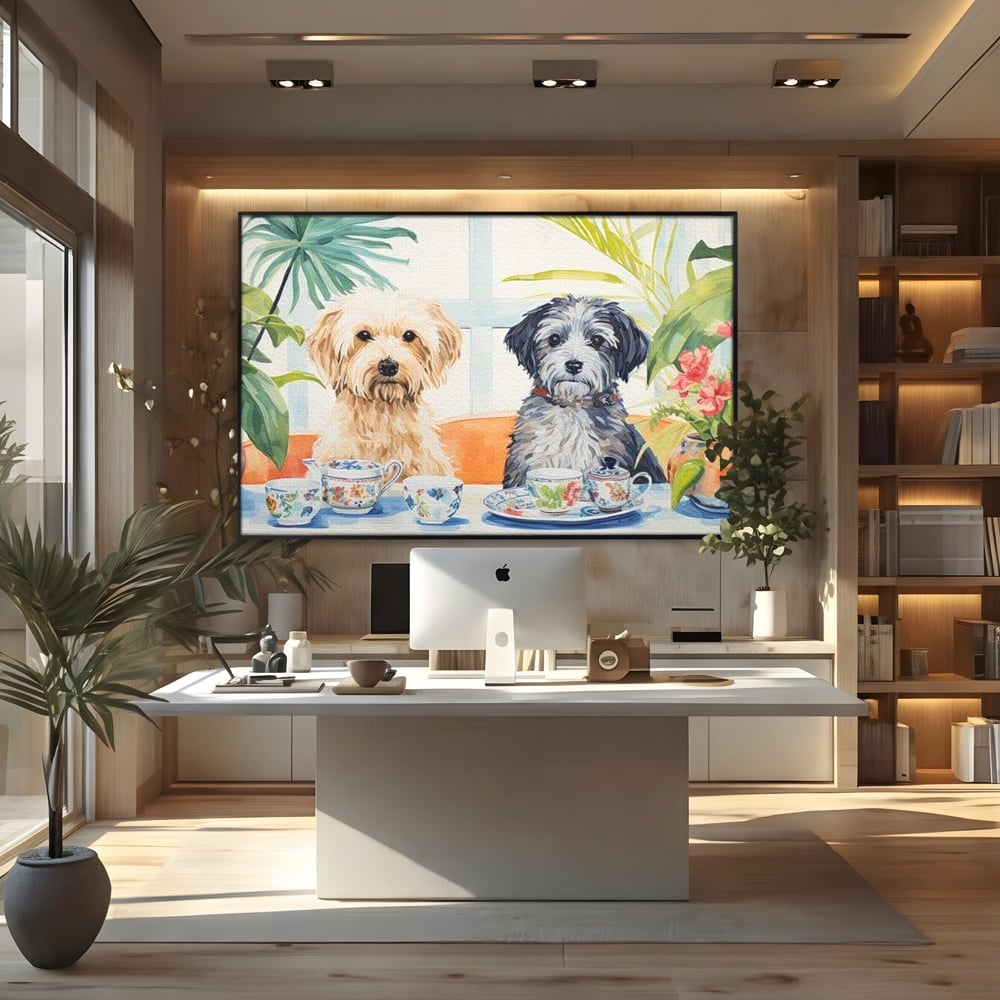 Leinwandbilder Premium, LuxCanva® M1283, Teepause, Geschirr, Geschirr, Porzellan, Hund, weiß, Blumen, Tasse, Tee, Tisch, Tee, Tee, Freundschaft, Date, lustig, Büro, Wohnen, Kinderzimmer