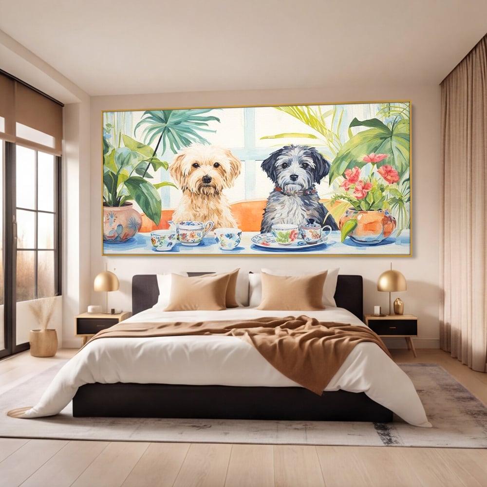 Leinwandbilder Premium, LuxCanva® M1283, Teepause, Geschirr, Geschirr, Porzellan, Hund, weiß, Blumen, Tasse, Tee, Tisch, Tee, Tee, Freundschaft, Date, lustig, Büro, Wohnen, Kinderzimmer