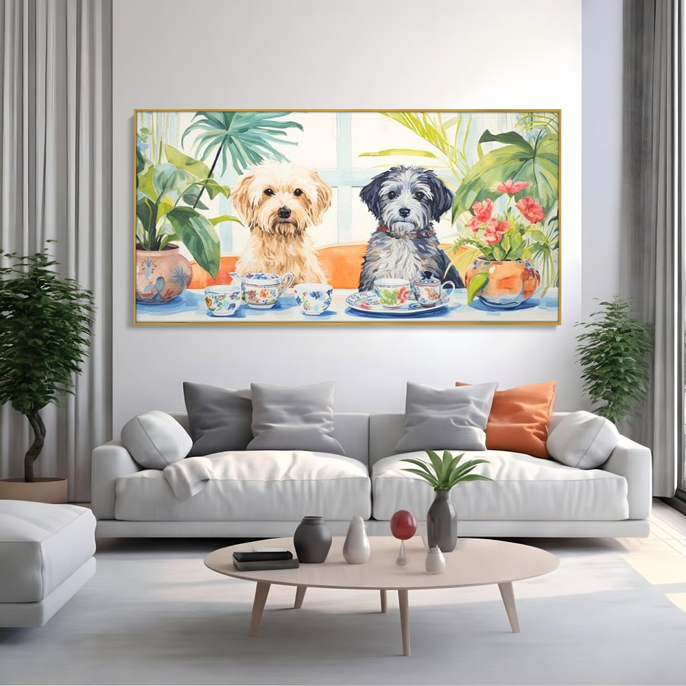 Leinwandbilder Premium, LuxCanva® M1283, Teepause, Geschirr, Geschirr, Porzellan, Hund, weiß, Blumen, Tasse, Tee, Tisch, Tee, Tee, Freundschaft, Date, lustig, Büro, Wohnen, Kinderzimmer